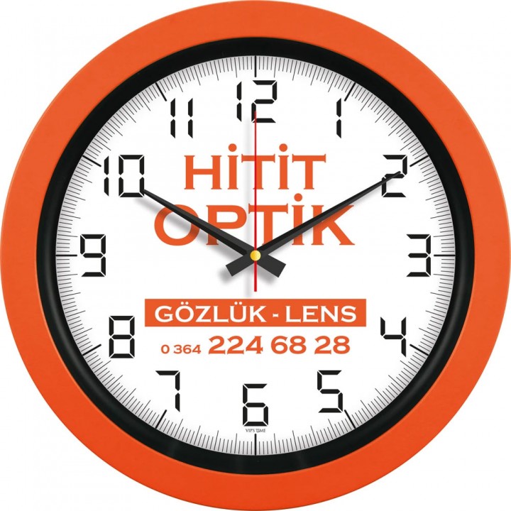 Logo Baskılı 40 cm Sıcak Turuncu Siyah İç Halkalı Plastik Duvar Saati